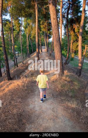 Petit garçon aux cheveux blonds se réveillant dans un chemin entouré d'arbres Banque D'Images