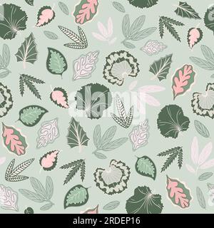 Laisse un motif sans couture. Ensemble de feuilles différentes sur fond vert menthe. Illustration de Vecteur