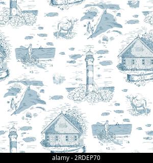 Toile de Jouy motif Seamless de couleur bleue. Petit village au bord de la mer compositions. Illustration de Vecteur