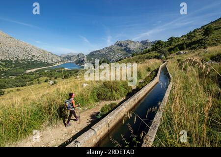 Randonneur marchant à côté du canal de transfert Gorg Blau - Cúber, Escorca, site naturel de la Serra de Tramuntana, Majorque, îles Baléares, Espagne Banque D'Images