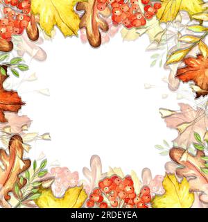 ensemble d'éléments aquarelle. Feuilles d'automne de frêne de montagne, érable, chêne. champignons vifs. Renards amusants et mignons. convient pour l'impression de cartes de vœux, inv Banque D'Images