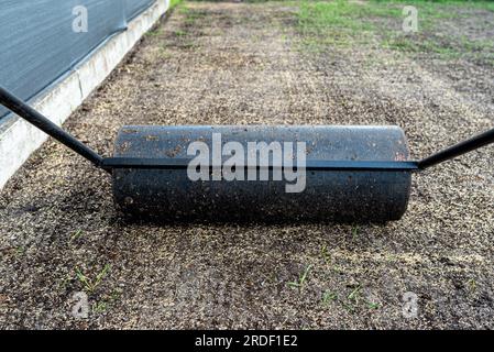 Rouler les graines d'herbe fraîchement semées avec un rouleau métallique rempli d'eau. Banque D'Images