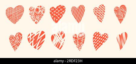 Coeurs dessinés à la main avec boucle, gouttes, taches, courbes, lignes et vagues. Elements de doodle dessinés à la main. Illustration vectorielle avec des éléments ondulés et en spirale. Des Illustration de Vecteur