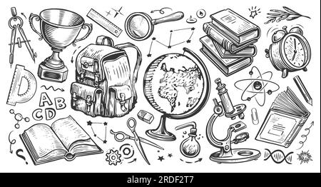 Ensemble d'articles scolaires. Esquissez l'illustration dans le style de gribouillage dessiné à la main. Retour à l'école, concept d'éducation Banque D'Images