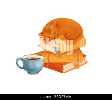 composition douillette. petit chaton rouge dort sur une pile de livres, tasse de thé. Animal drôle pour enfant. Conception pour la conception de chemise de bébé, décor de pépinière, fabrication de cartes Banque D'Images