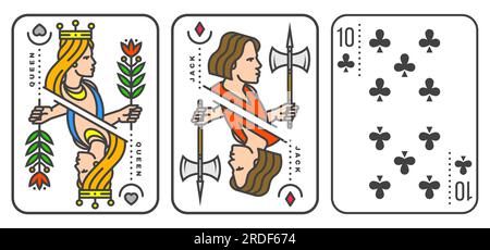 Jeu de cartes à jouer 10, reine, valet. Illustration vectorielle. Esotérique, magique Royal carte à jouer 10, reine, collection de conception de jack. Dessin au trait minimaliste Illustration de Vecteur