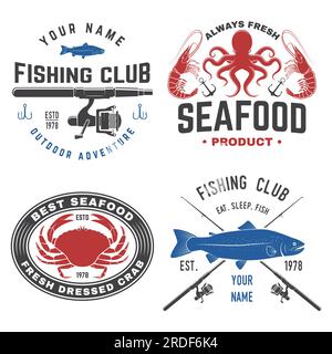 Ensemble de badges de pêche et de fruits de mer, logos, étiquettes, autocollant. Vecteur. Pour emblème, signe, patch, chemise, menu restaurants avec cannes à pêche, hameçon, thon Illustration de Vecteur