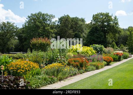 Superbes bordures de fleurs mélangées colorées au jardin RHS Wisley, Surrey Royaume-Uni. Les vastes parterres de fleurs ont principalement des plantes vivaces qui poussent en eux. Banque D'Images