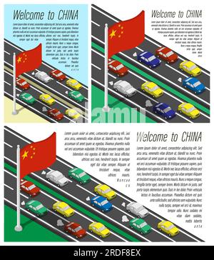 Drapeau isométrique de la Chine sur mât battant dans le vent. Traversée de la frontière chinoise en voiture. Ensemble d'informations horizontal, carré et v Illustration de Vecteur