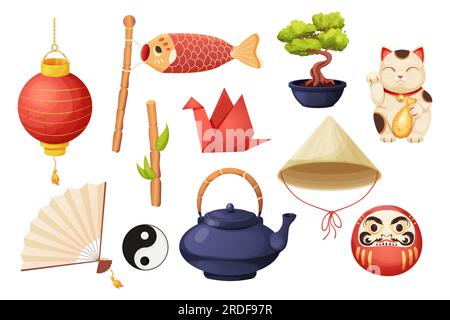 Japon avec des éléments traditionnels bonsaï arbre, drapeau koinobori, fun, maneki neko chat, grue d'origami et théière avec des tasses de thé dans le style de dessin animé isolé sur fond blanc. Illustration vectorielle Illustration de Vecteur