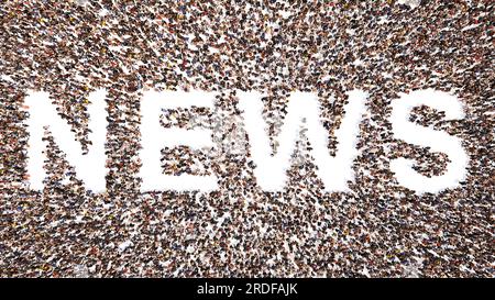 Concept ou conceptuel grande communauté de personnes formant le mot NOUVELLES. 3d métaphore de l'illustration pour la communication, les médias, la télévision, le journalisme Banque D'Images