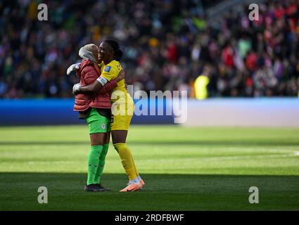 Melbourne, Australie. 21 juillet 2023. Les joueuses du Nigeria célèbrent après le match du groupe B entre le Canada et le Nigeria à la coupe du monde féminine de la FIFA 2023 à Melbourne, Australie, le 21 juillet 2023. Crédit : Mao Siqian/Xinhua/Alamy Live News Banque D'Images