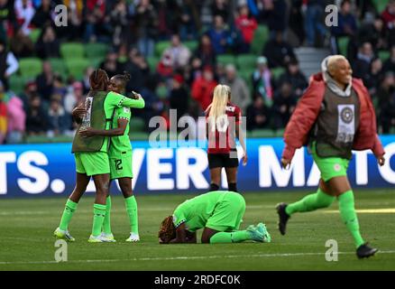 Melbourne, Australie. 21 juillet 2023. Les joueuses du Nigeria célèbrent après le match du groupe B entre le Canada et le Nigeria à la coupe du monde féminine de la FIFA 2023 à Melbourne, Australie, le 21 juillet 2023. Crédit : Mao Siqian/Xinhua/Alamy Live News Banque D'Images