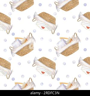 Modèle sans couture avec des paniers en osier remplis de serviettes, linge propre et détergents à lessive, savon et brosse, fond avec des bulles de savon. Aquarelle Banque D'Images