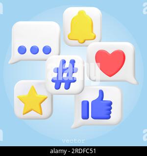 icônes de médias sociaux de rendu 3d. Bulles de parole avec des signes. J'aime, Favoris, hashtag, notifications. Symboles 3D pour la conception Web, les applications mobiles, les médias sociaux Illustration de Vecteur