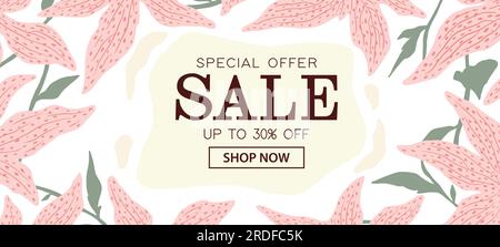 Modèle de thème floral de bannière de site Web de vente. Étiquette solde d'été. Illustration vectorielle de matériel promotionnel de vente. Illustration de Vecteur