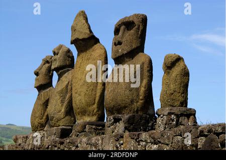 Sculptures en pierre de Moai (Roa (poisson)) Hanga, Rapa Nui, Île de Pâques, Moai, Chili Banque D'Images