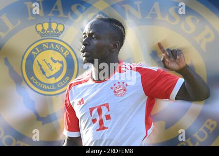 PHOTOMONTAGE. Sadio Manae avant de rejoindre le club saoudien Al-Nassr. ARCHIVE PHOTO ; Sadio MANE (FC Bayern Munich), geste, donne des instructions, action, image unique, couper motif unique, portrait, portrait, portrait. Test match FC Bayern Munich - Rottach Egern 27-0 Camp d'entraînement à Rottach Egern le 18 juillet 2023. Football 1e Bundesliga, saison 2023/2024. ? Banque D'Images