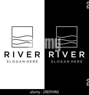 Logos de rivières, ruisseaux, berges et ruisseaux. Logo de rivière avec combinaison de montagnes et de terres agricoles avec conception de concept vectoriel. Illustration de Vecteur
