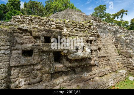 Sculpture sur le temple Jaguar ou structure N10-9 dans les ruines d'une ville maya dans la réserve archéologique de Lamanai, Belize. Banque D'Images