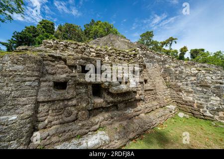 Sculpture sur le temple Jaguar ou structure N10-9 dans les ruines d'une ville maya dans la réserve archéologique de Lamanai, Belize. Banque D'Images