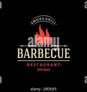 Barbecue grill chaud logo typographique vintage avec flammes croisées et spatule. Logo pour restaurant, badge, café et bar. Illustration de Vecteur