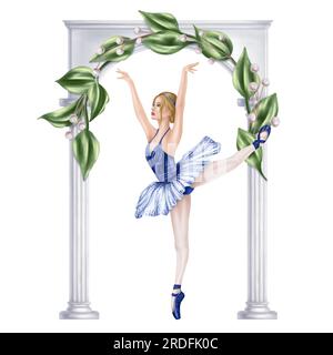 Dansante fille sous une arche de marbre de jardin enchevêtrée de feuilles et de fleurs décoratives. Représentation théâtrale d'une élégante ballerine dans un tutu bleu et Banque D'Images