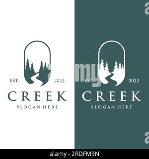 Logos de rivières, ruisseaux, berges et ruisseaux. Logo de rivière avec combinaison de montagnes et de terres agricoles avec conception de concept vectoriel. Illustration de Vecteur