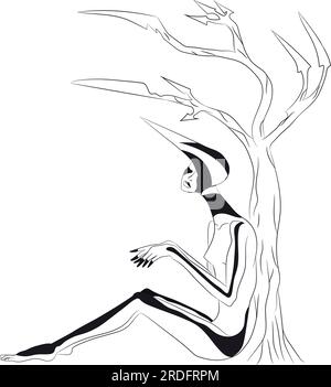 Portrait abstrait d'une femme avec des lignes noires sur le corps et une coiffe pointue près d'un arbre aiguisé. Contour vide dessiné à la main isolé sur un ba blanc Illustration de Vecteur