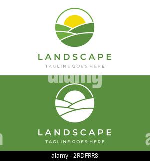 Logo vert paysage design créatif avec terres agricoles ou plantations et collines.logo pour les produits naturels et agricoles. Illustration de Vecteur