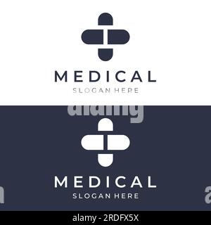 Logo de médecine de capsule de pharmacie, logo pour le magasin de drogue, pharmacie, médical, médecin, plus symbole. Illustration de Vecteur