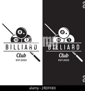 Modèle de logo créatif billard et bâton de queue. Logo du jeu de sport de billard, club, tournoi et championnat. Illustration de Vecteur