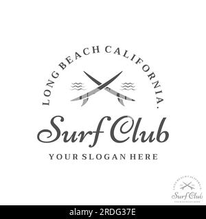 Logo vintage planche de surf, surf sur la plage d'été. Pour les affaires, badge, vacances, étiquette, emblème. Illustration de Vecteur