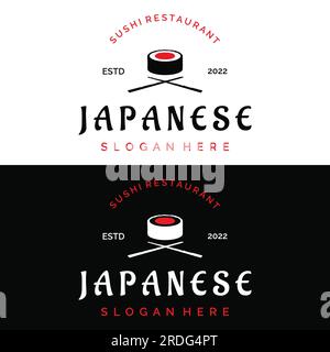 Modèle de logo sushi.fruits de mer ou cuisine japonaise traditionnelle avec saumon, nourriture délicieuse.logo pour restaurant japonais, bar, magasin de sushi. Illustration de Vecteur
