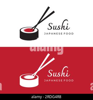 Modèle de logo sushi.fruits de mer ou cuisine japonaise traditionnelle avec saumon, nourriture délicieuse.logo pour restaurant japonais, bar, magasin de sushi. Illustration de Vecteur