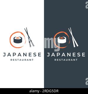 Modèle de logo sushi.fruits de mer ou cuisine japonaise traditionnelle avec saumon, nourriture délicieuse.logo pour restaurant japonais, bar, magasin de sushi. Illustration de Vecteur