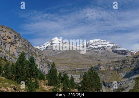 Le sommet du Monte Perdido dans les montagnes des pyrénées couvertes de neige avec quelques sapins, Ordesa y Monte Perdido Parc National, Aragon, Huesca, Espagne Banque D'Images