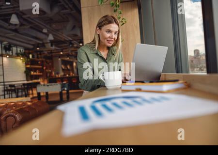 Femme analyste travaillant avec des documents et utiliser un ordinateur portable tout en étant assis dans un coworking confortable près de la fenêtre Banque D'Images