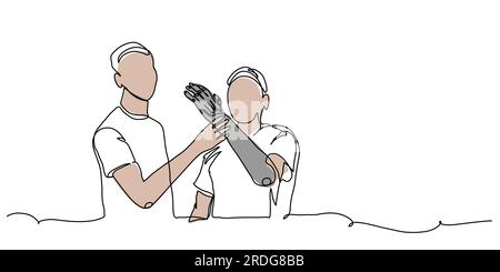 Deux hommes démontrent une prothèse de bras, de main, de membre. Un dessin d'art au trait continu, illustration vectorielle d'un homme avec un bras prothétique Illustration de Vecteur