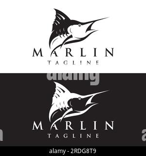 Logo abstrait d'espadon créatif ou de poisson marlin silhouette.marlin sautant sur l'eau. Illustration de Vecteur