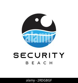 Logo de sécurité Monocular Lens Symbol avec Sea Ocean Waves pour Beach Watches modèle de conception vectorielle Illustration de Vecteur