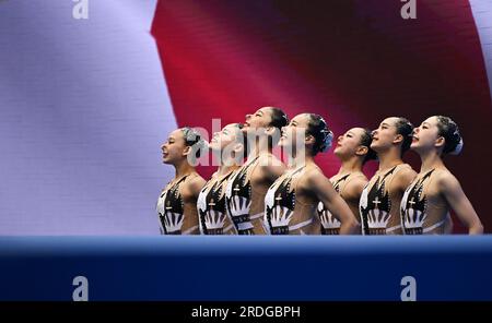 Fukuoka, Japon. 21 juillet 2023. Team Japan se produit lors de la finale libre par équipe de natation artistique aux Championnats du monde aquatiques à Fukuoka, Japon, le 21 juillet 2023. Crédit : Xia Yifang/Xinhua/Alamy Live News Banque D'Images