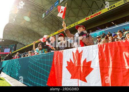 Melbourne, Australie. 21 juillet 2023. Des supporters canadiens vus avant le match de groupe de la coupe du monde féminine de la FIFA Australie et Nouvelle-Zélande 2023 entre le Nigeria et le Canada au Melbourne Rectangular Stadium. La partie a mis fin à un tirage au sort de 0:0. Crédit : SOPA Images Limited/Alamy Live News Banque D'Images