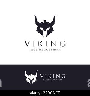 Logo de casque de guerrier Viking avec casque à cornes et vikings avec lettre V. Illustration de Vecteur