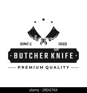 Modèle de logo de couteau de chef, couteau de boucher vintage. Logo pour les affaires, badge, restaurant, boucherie, café, marque et magasin de couteaux. Illustration de Vecteur