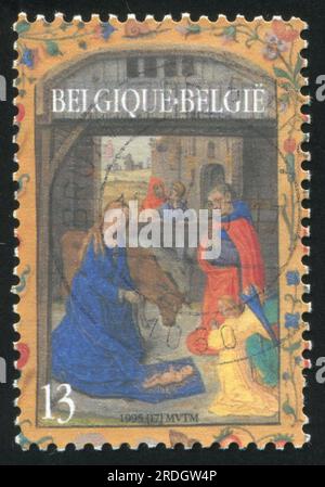 RUSSIE KALININGRAD, 26 OCTOBRE 2015 : timbre imprimé par la Belgique, montre Noël, vers 1995 Banque D'Images
