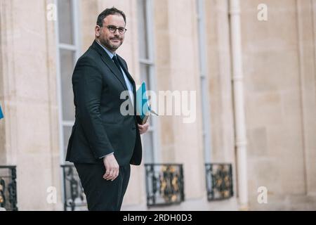 Paris, France. 01 juin 2023. Nouvellement nommé ministre de la Santé et de la prévention Aurelien Rousseau après le Conseil des ministres au Palais de l’Elysée. France. Paris, 21 juillet 2023.photo de Jeremy Paoloni/ABACAPRESS.COM crédit : Abaca Press/Alamy Live News Banque D'Images