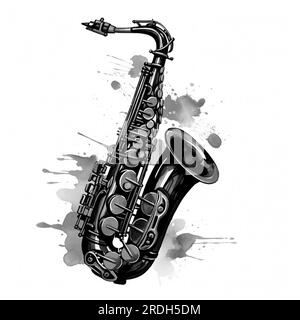 Gros plan abstrait de saxophone noir dans le style aquarelle. Illustration aquarelle isolée sur fond blanc Banque D'Images