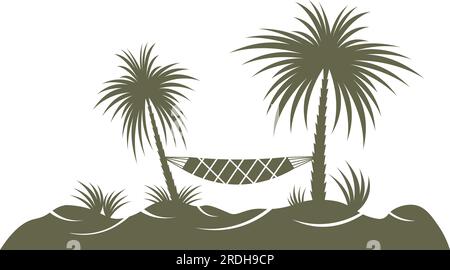 Silhouette style île tropicale et hamac suspendu sur des palmiers avec fond transparent Illustration de Vecteur