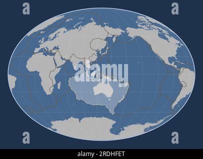 Plaque tectonique australienne sur la carte en contour solide dans la projection de Fahey centrée méridien. Limites des autres plaques Illustration de Vecteur